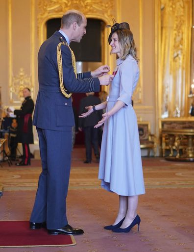 Prince William, the Prince of Wales, left, awards Mrs Ellen Convery (Ellen White), former soccer player, with the Commander of the Order of the British Empire, at Windsor Castle, Windsor, England, Wednesday, Feb. 7, 2024. 