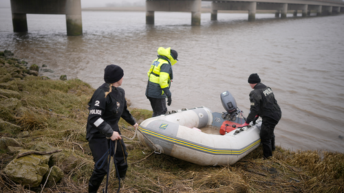 A police Search and Rescue team retrieve their boat after searching the banks of the River Wyre near to Shard Bridge, during the search for missing Nicola Bulley on February 10, 2023.