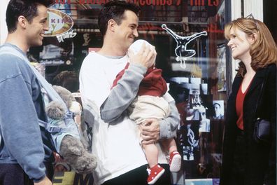 FRIENDS -- Pictured: (l-r) Matt Le Blanc as Joey Tribbiani, Matthew Perry as Chandler Bing, Lea Thompson as Caroline Duffy