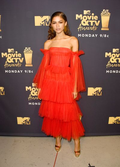 Zendaya attends the 2018 MTV Movie And TV Awards at Barker Hangar on June 16, 2018 in Santa Monica.