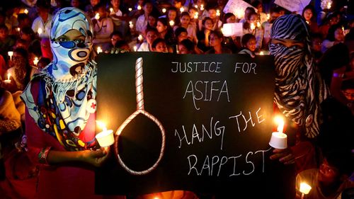 Hundreds of people gathered and staged a protest to bring attention to rape cases and violence against women in India after a girl child was gang raped and murdered in Kathua district of Jammu region in January 2018. 