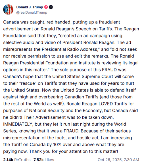 Postagem social de Donald Trump Truth sobre tarifas do Canadá