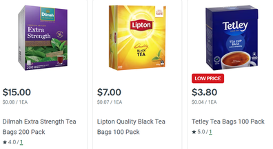 teabags per unit pricing