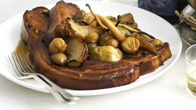 Perry-braised bacon with pears, parsnips and chestnuts