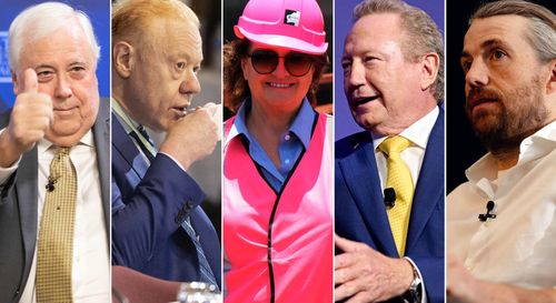 From left to right: Clive Palmer, Anthony Pratt, Gina Rinehart, Andrew Forrest, Mike Cannon-Brookes.