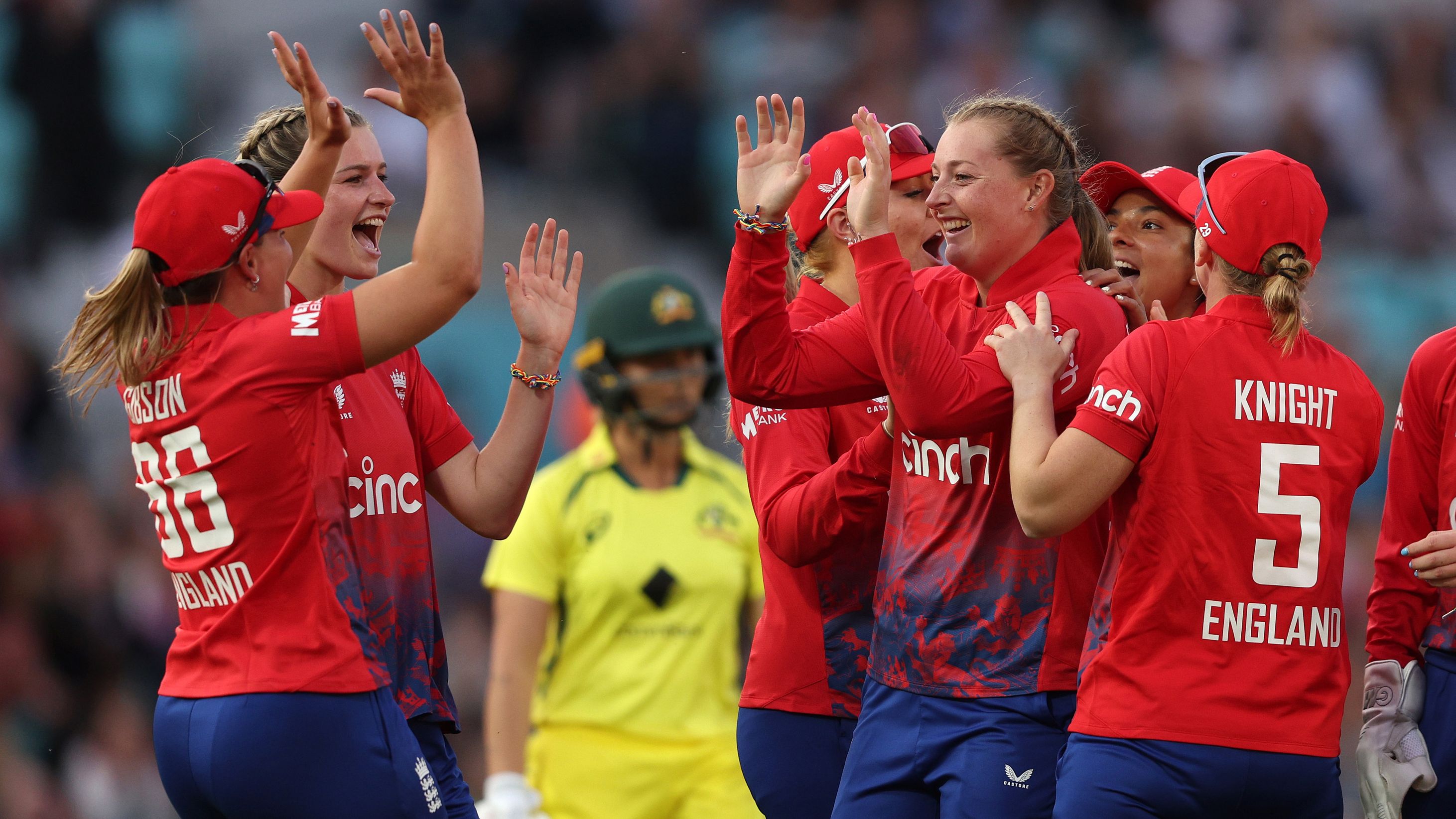Sophie Ecclestone of England is congratulated as Ash Gardener of Australia is run out.