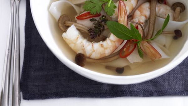 Hot and sour prawn, chicken and noodle soup