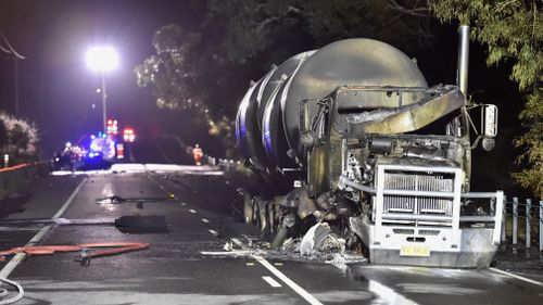 Emergency service crews at the scene of a truck crash on Tyabb-Tooradin Road in the Mornington Peninsula, Victoria. (AAP)