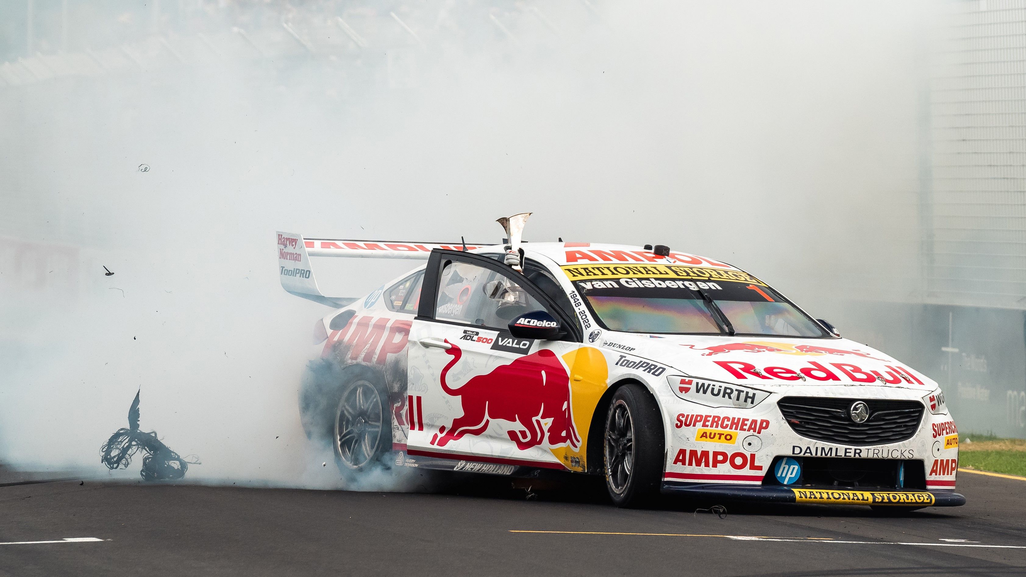 Shane van Gisbergen celebrates his Supercars title win with burnouts at the Adelaide 500.