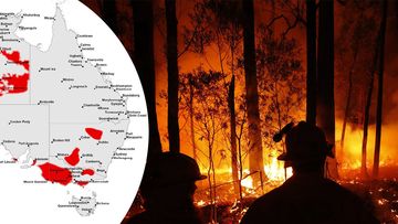 A map showing Australia&#x27;s bushfire risk and two firefighters standing in front of a fire.