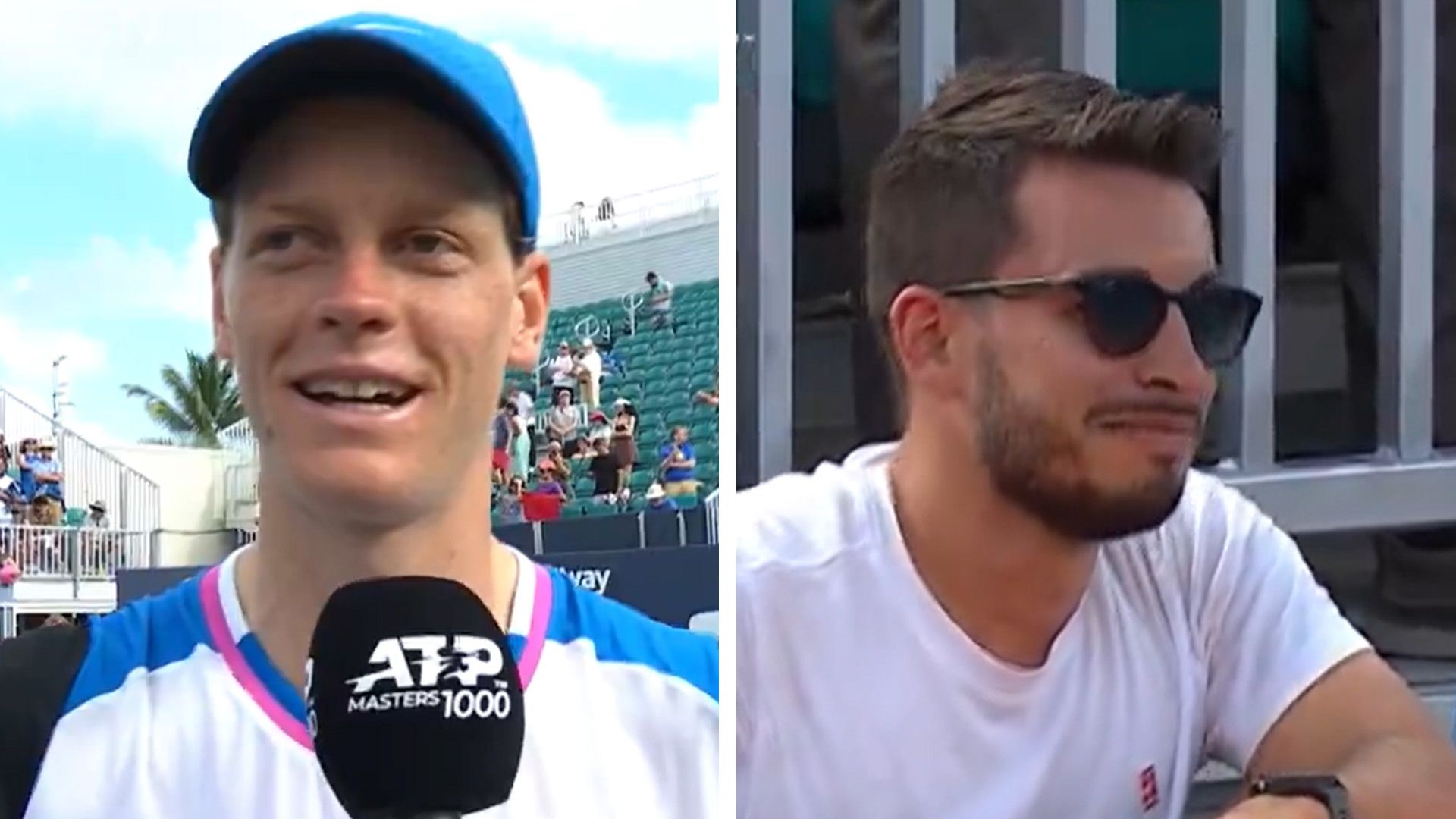 Jannik Sinner speaks after his physiotherapist (right) was hit by a stray ball.