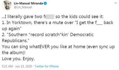 Lin-Manuel Miranda, tweet, Hamilton, censored, Disney Plus