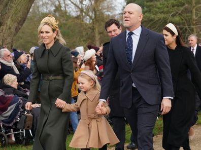 (left to right) Zara Tindall, Lena Tindall, Jack Brooksbank (hidden), Mike Tindall, Princess Eugenie, the Princess Royal and Vice Admiral Sir Tim Laurence attending the Christmas Day morning church service at St Mary Magdalene Church in Sandringham, Norfolk. Monday December 25, 2023. 