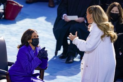 Vice President Kamala Harris greets Jennifer Lopez