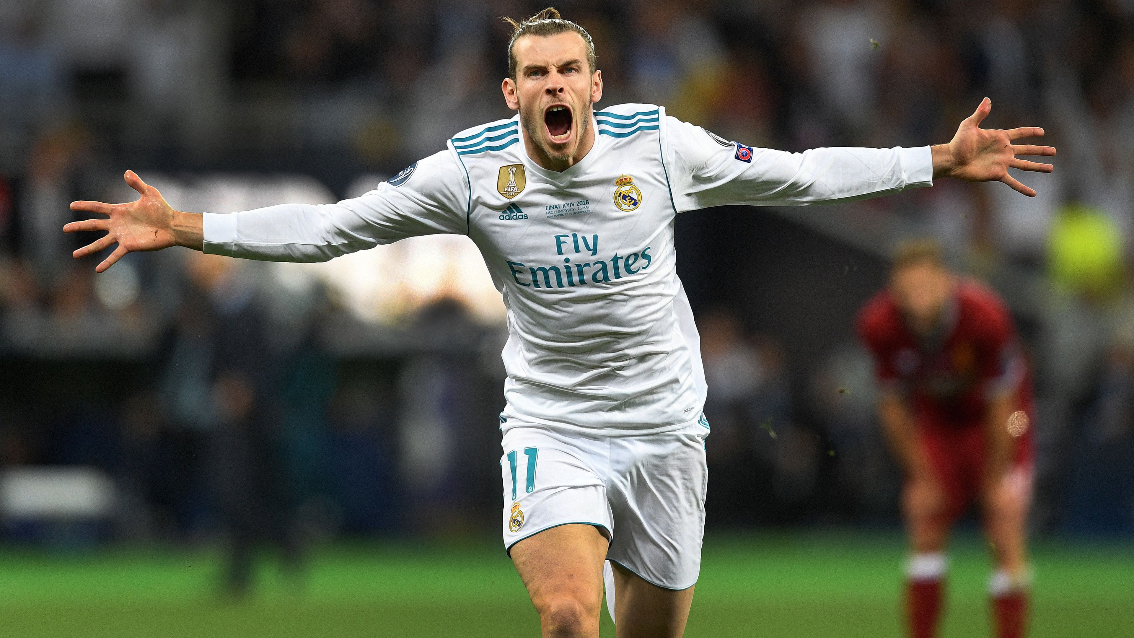 Gareth Bale of Real Madrid celebrates scoring in the 2018 Champions League final.