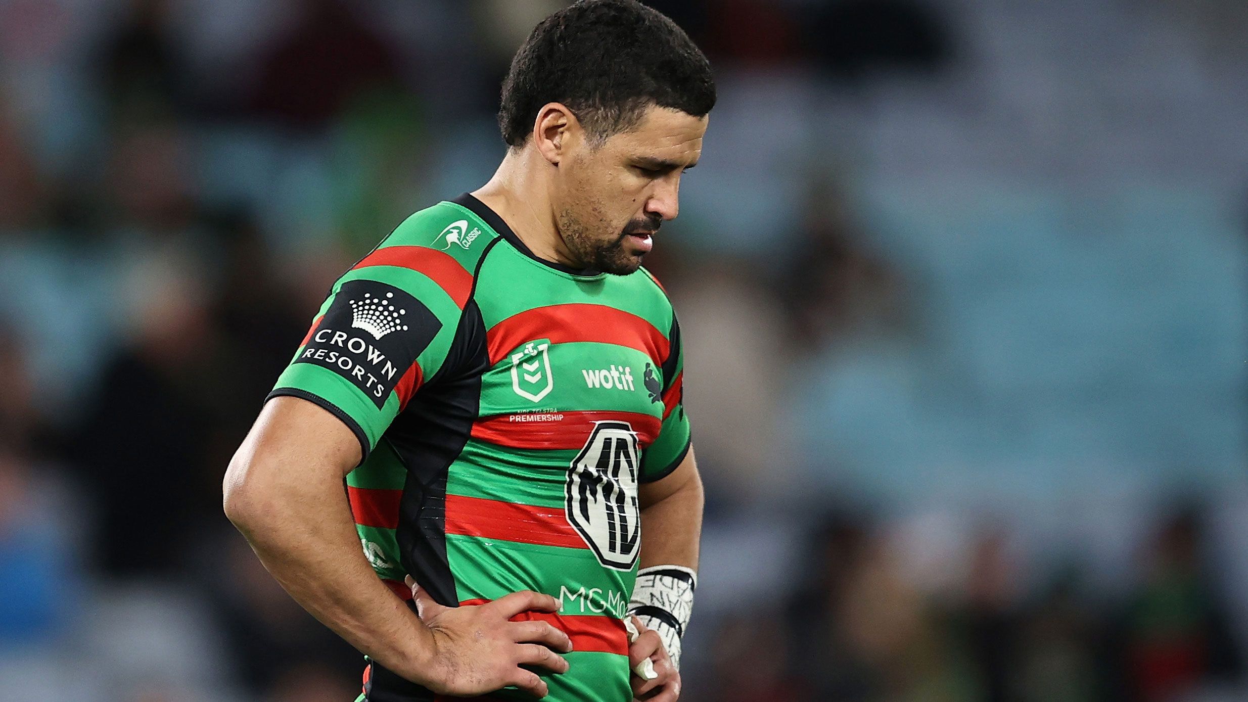 Cody Walker of the Rabbitohs looks dejected after losing the club&#x27;s round 13 loss to the Raiders.