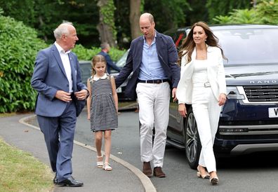 Prince William, Duke of Cambridge, Princess Charlotte of Cambridge and Catherine, Duchess of Cambridge arrive at SportsAid House during the 2022 Commonwealth Games on August 02, 2022 in Birmingham, England. 