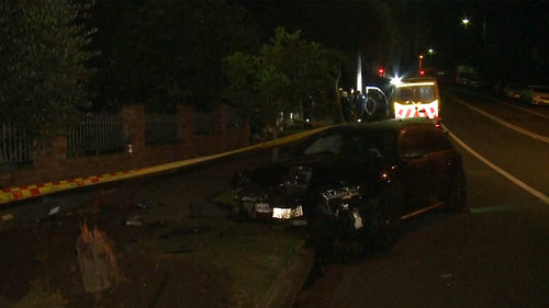 Alleged drunk driver hits power pole in Sydney suburb of Earlwood, leaving front of the car destroyed.