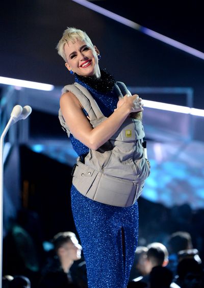 <p><strong>Look 8</strong></p>
<p>Katy Perry in Rasario at the MTV VMAs in LA accesorised with a baby carrier, which might have on-again off-again beau Orlando Bloom breaking out into a sweat. A yummy mummy.</p>