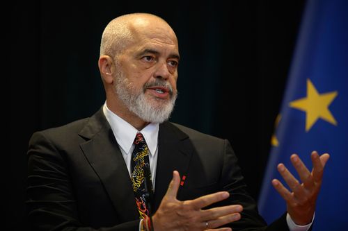 Albania's Prime Minister Edi Rama attends a press conference with Britain's Prime Minister Keir Starmer at the Kryeministria in Tirana, Albania, Thursday May 15, 2025. (Leon Neal/Pool via AP)