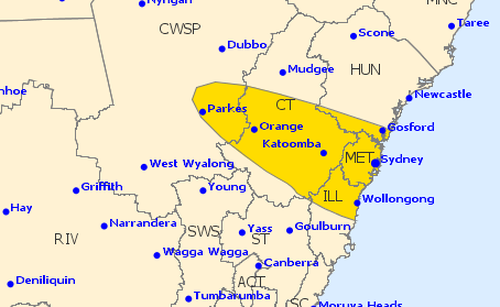 Gosford, Sydney, Wollongong, Orange, Katoomba and Parkes are all included in the warning area.


