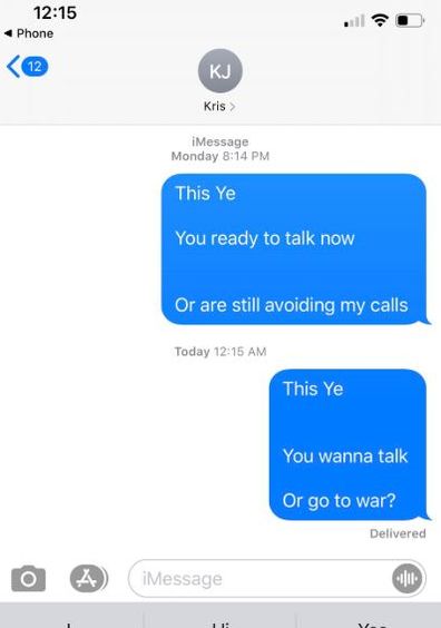 Kanye West shared a screenshot of his conversation with Kris Jenner.