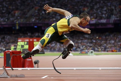 South Africa's Oscar Pistorius starts in the men's semi-finals of the 400-meter in the Olympic Stadium at the 2012 Summer Olympics, London on Sunday, Aug. 5, 2012