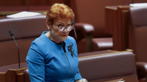 A líder de uma nação, Pauline Hanson, discursa no Senado.