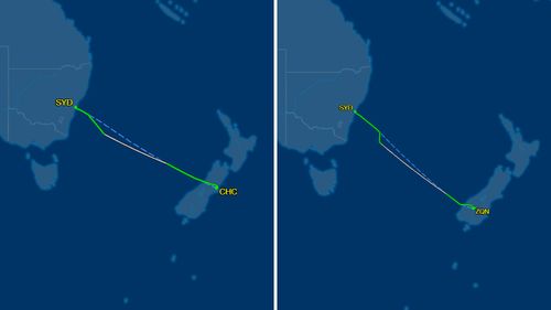 The flight paths of two aircraft from Sydney to avoid potential live fire drills from Chinese navy vessels in the Tasman Sea.