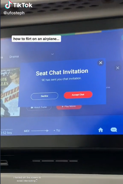 woman plane passenger flirt using messenger app on tiktok