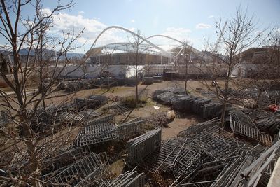 Inside the abandoned baseball stadium which was left derelict for