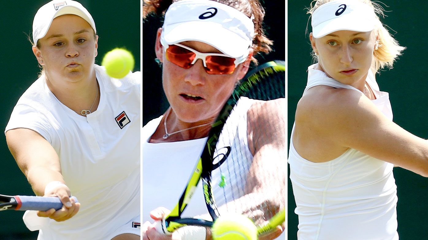 Australians Ashleigh Barty (left), Samantha Stosur (centre), and Daria Gavrilova compete in the first round of Wimbledon 2018. (AAP)
