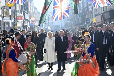 King Charles III and Camilla, the Queen Consort visit Brick Lane in east London, Wednesday Feb. 8, 2023, to meet with charities and businesses.