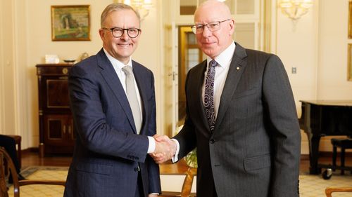 Prime Minister Anthony Albanese during his swearing-in ceremony with Governor-General David Hurley at Government House in Canberra.