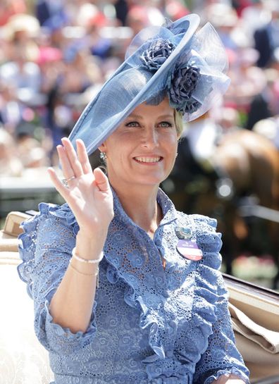 Sophie, Countess of Wessex waves as she arrives into the parade ring on the royal carriage during Royal Ascot 2022 at Ascot Racecourse on June 15, 2022 in Ascot, England.