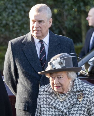 Queen Elizabeth II and Prince Andrew, Duke of York attend church at St Mary the Virgin at Hillington in Sandringham on January 19, 2020 in King's Lynn, England. 