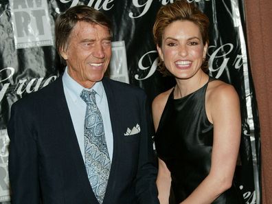 NEW YORK - JUNE 22:  Actress Mariska Hargitay (wearing Vera Wang) and father Mickey Hargitay attend the 2004 American Women in Radio and Television Gracie Allen Awards gala on June 22, 2004 at the New York Hilton Hotel, in New York City. (Photo by Evan Agostini/Getty Images)