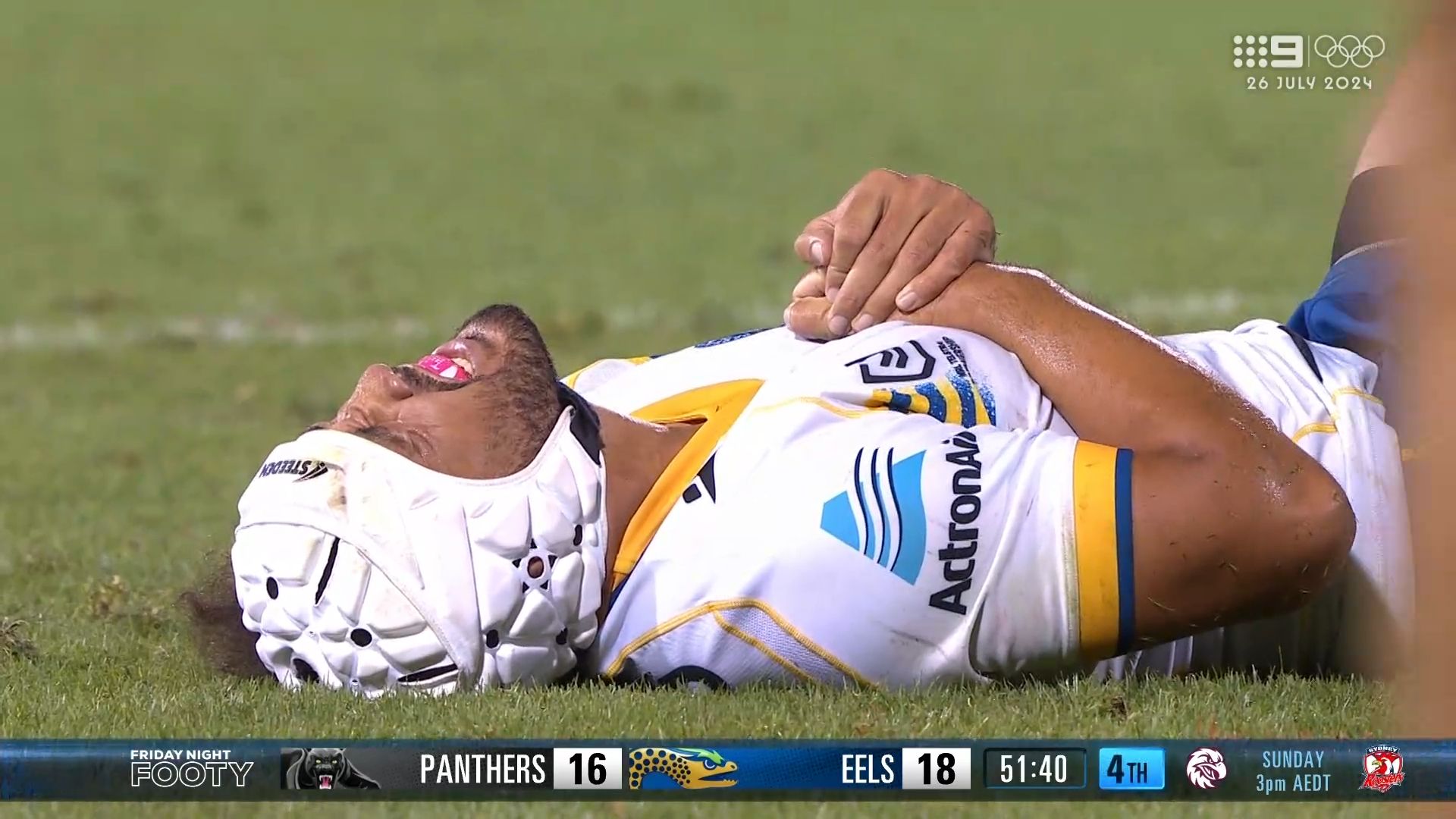 Eels enforcer Kelma Tuilagi suffers dislocated shoulder inflicting 'tackle of the season' on Liam Martin