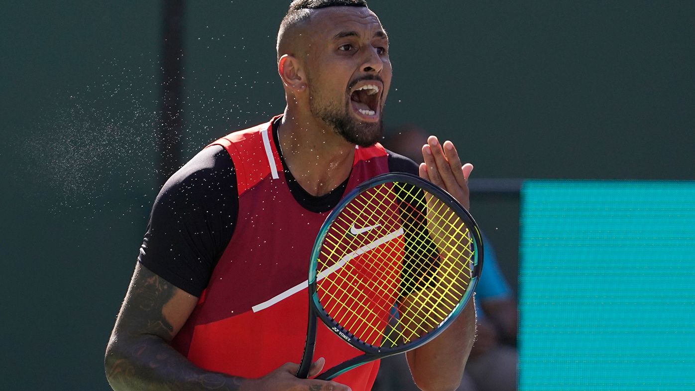 Nick Kyrgios reacts during his Indian Wells quarter final match against Rafael Nadal.