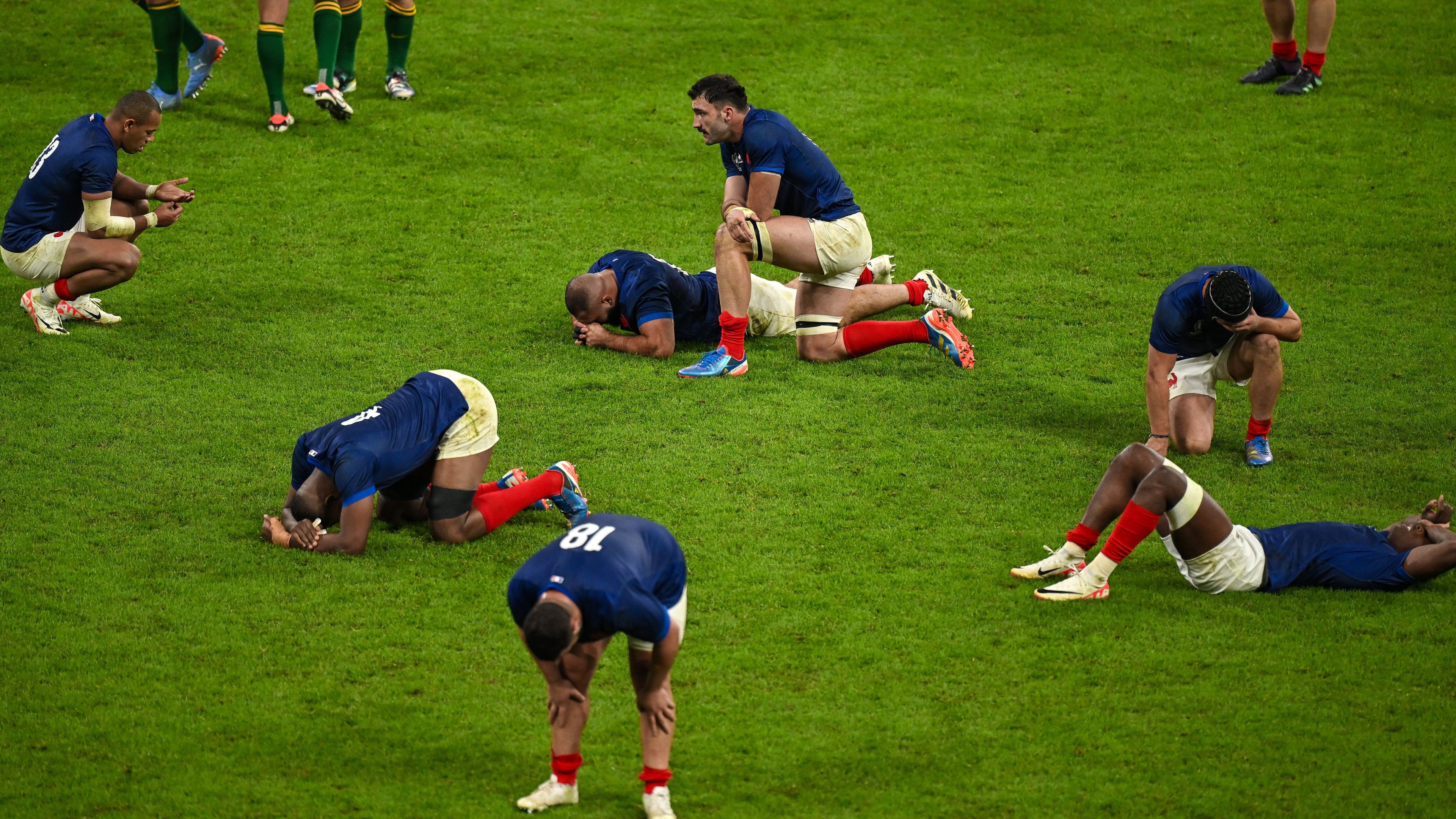 France players react after the 2023 Rugby World Cup quarter-final.