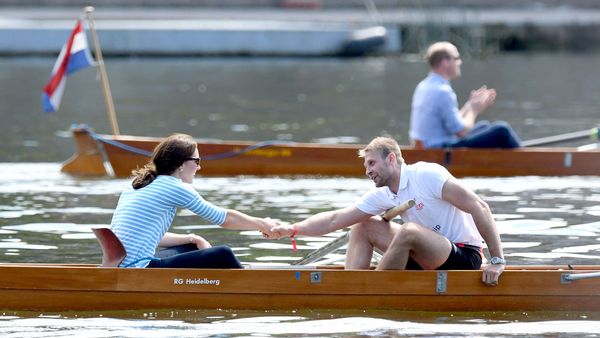Catherine, Duchess of Cambridge participates in a rowing race against Prince William, Duke of Cambridge, during their official visit to Germany. (Getty)