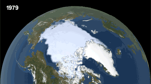 Animated map shows the minimum size of the Arctic sea ice measured each year since 1979.