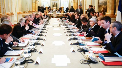 French President Emmanuel Macron meets with representatives of trade unions, employers organisations and local elected officials at the Elysee presidential palace in Paris, as part of consultations in search of a way to end the so called "Yellow vests" crisis.