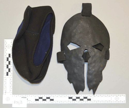 This undated photo released by the Crown Prosecution Service on Friday Feb. 3, 2023, shows a mask which Jaswant Singh Chail, 21, was wearing when arrested, after being caught in the grounds of Windsor Castle with a loaded crossbow. Chail pleaded guilty to treason on Friday for planning to attack Queen Elizabeth II.