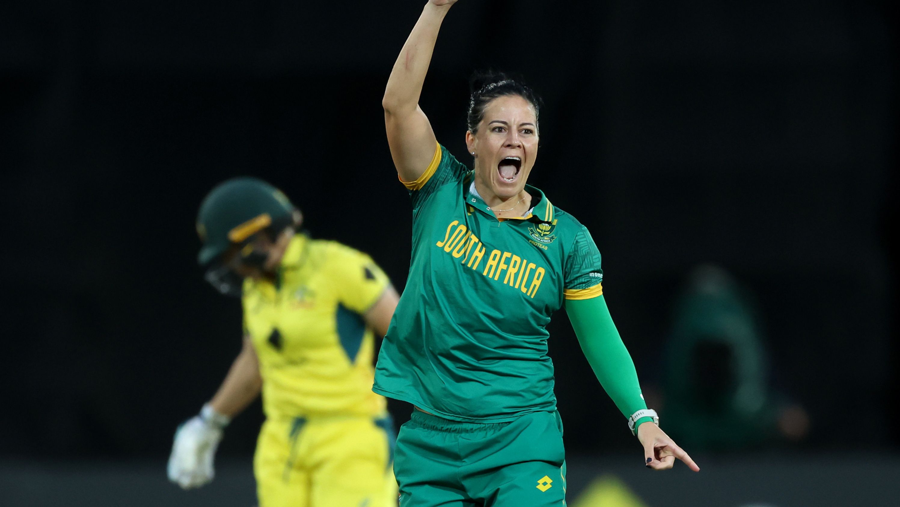 Marizanne Kapp of South Africa celebrates taking the wicket of Alyssa Healy of Australia during game two of the Women&#x27;s One Day International series between Australia and South Africa at North Sydney Oval on February 07, 2024 in Sydney, Australia. (Photo by Mark Metcalfe/Getty Images)
