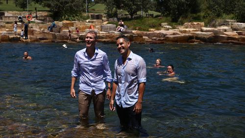 Minister for Infrastructure, Cities and Active Transport Rob Stokes and Member for Sydney Alex Greenwich at Marrinawi Cove, at the north-east corner of Barangaroo Reserve which is the first new harbour swimming spot to open west of the Harbour Bridge in more than 50 years. 