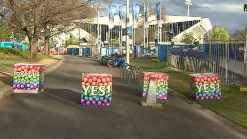 Yes campaigners gave the bollards a colourful makeover. (9NEWS)