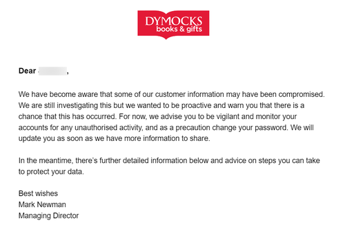 D﻿ymocks customers have been told their "customer information may have been compromised".
