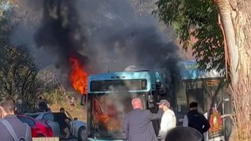 More than 20 students were onboard a bus when it caught fire out the front of two schools in Sydney&#x27;s south this afternoon.