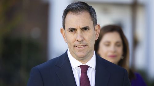 Treasurer Dr Jim Chalmers and Minister for Aged Care and Minister for Sport Anika Wells address the media at a doorstop interview during a visit to Goodwin Village Farrer, in Canberra on Thursday 4 May 2023. fedpol Photo: Alex Ellinghausen